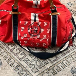 Vintage Victoria Secret Large Duffel Bag Canvas Leather Handle Love Pink